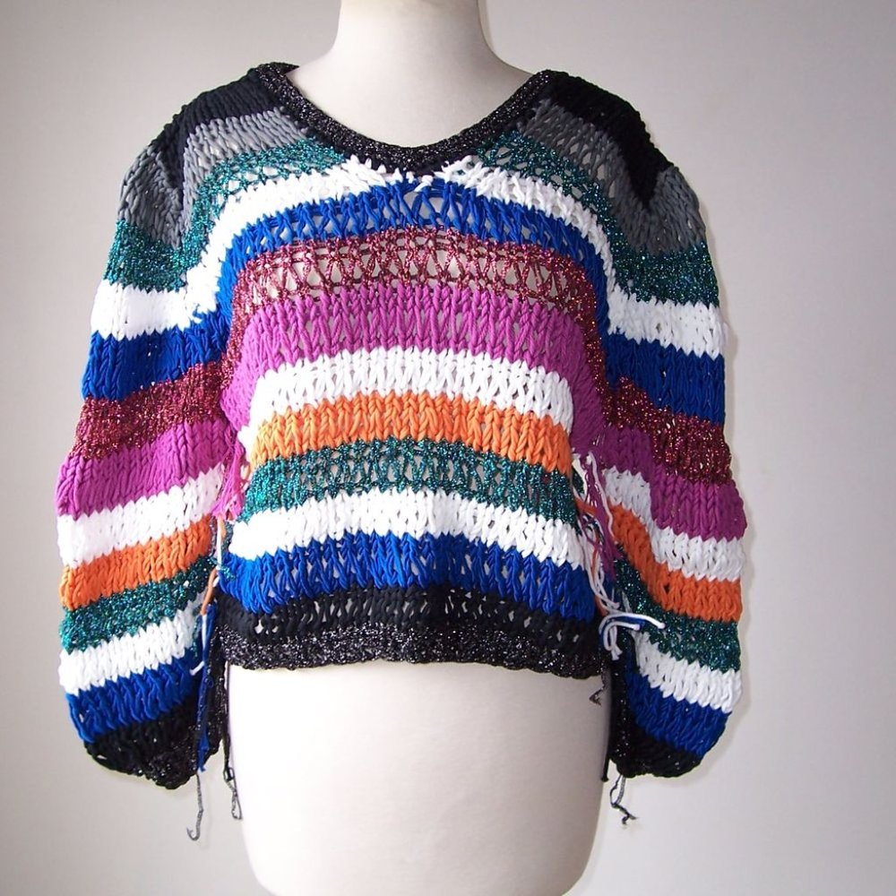 OF HANDMADE Mutl Color Metallic Striped Knit Fringe Accent Sweater M